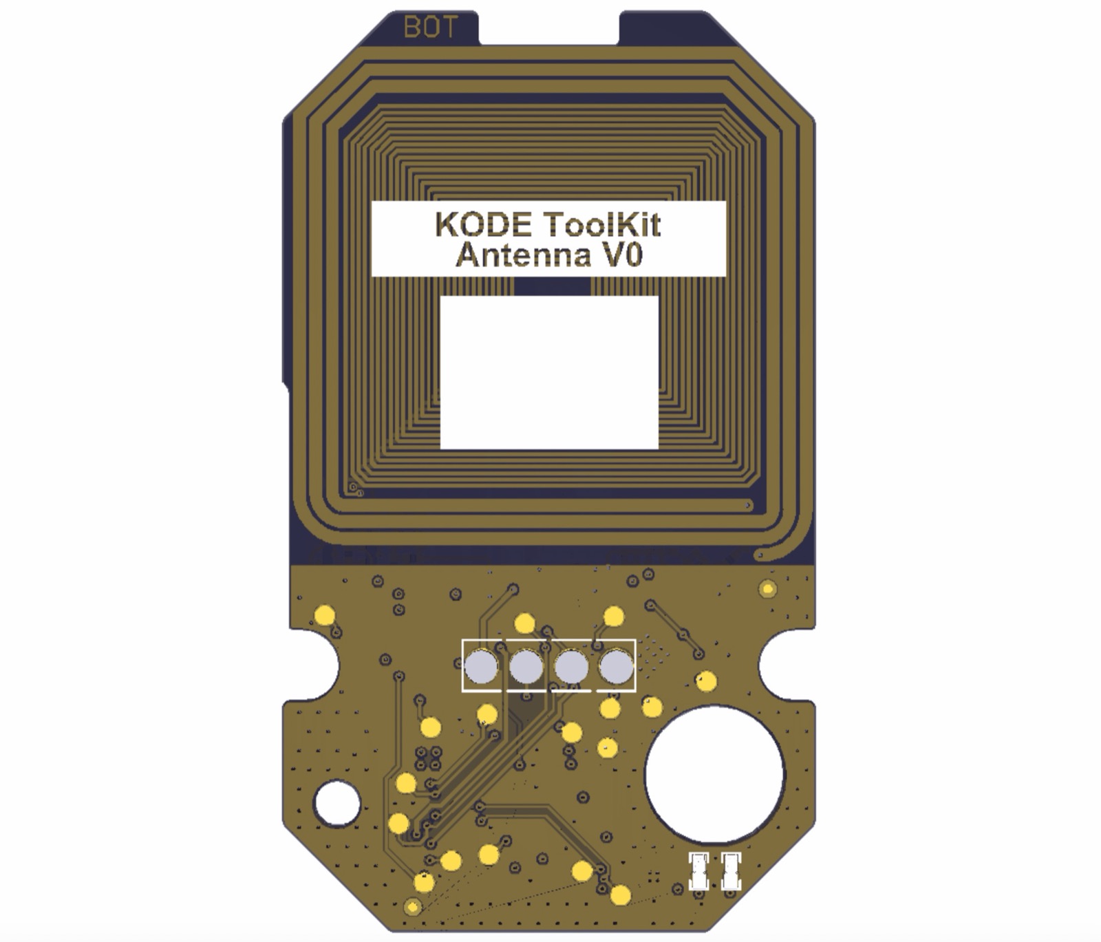 Bottom side of the Kode Dot antenna board layout, labeled KODE ToolKit Antenna V0