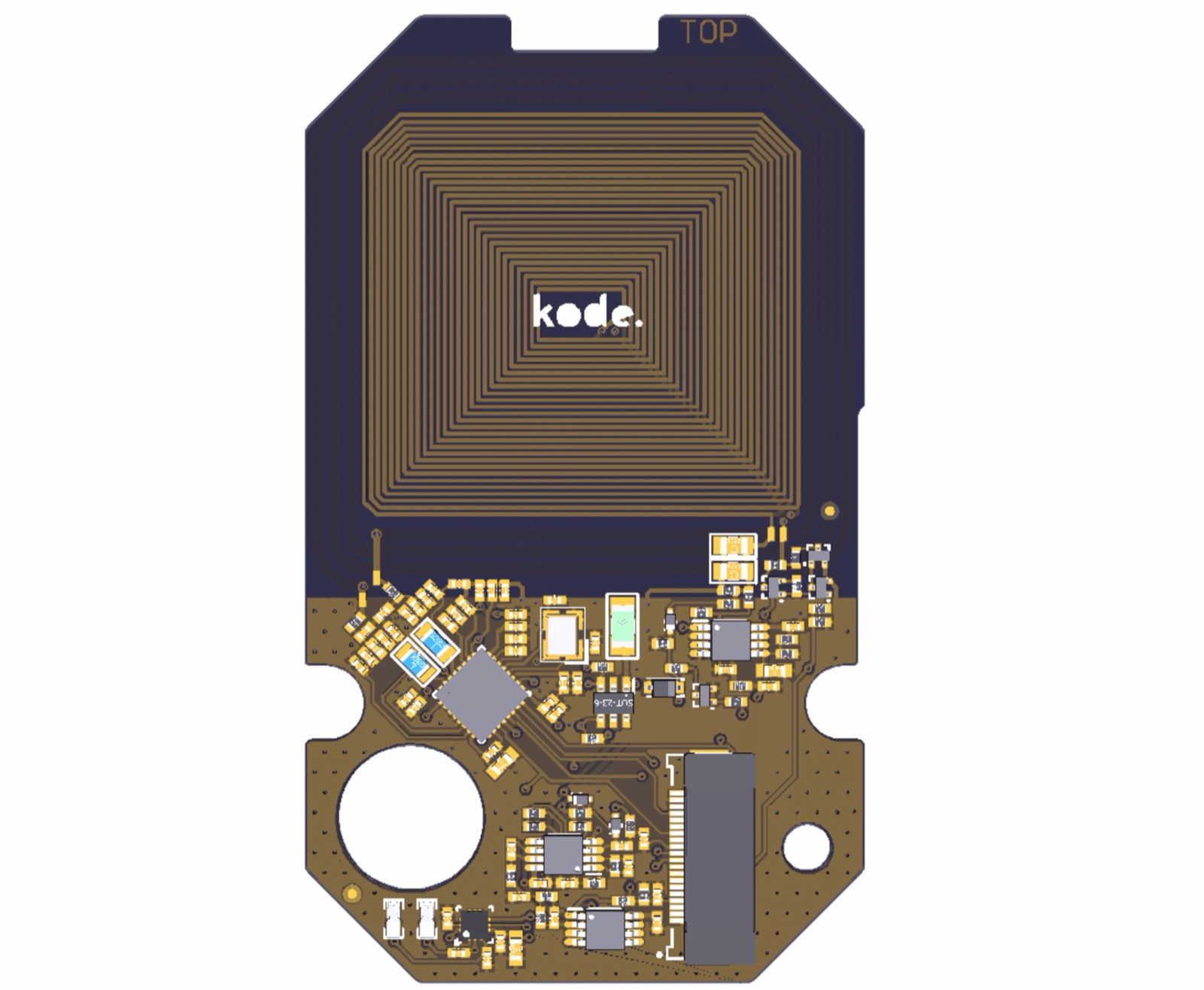 PCB layout render of the Kode Dot antenna board, top side, with a square copper coil around the kode logo