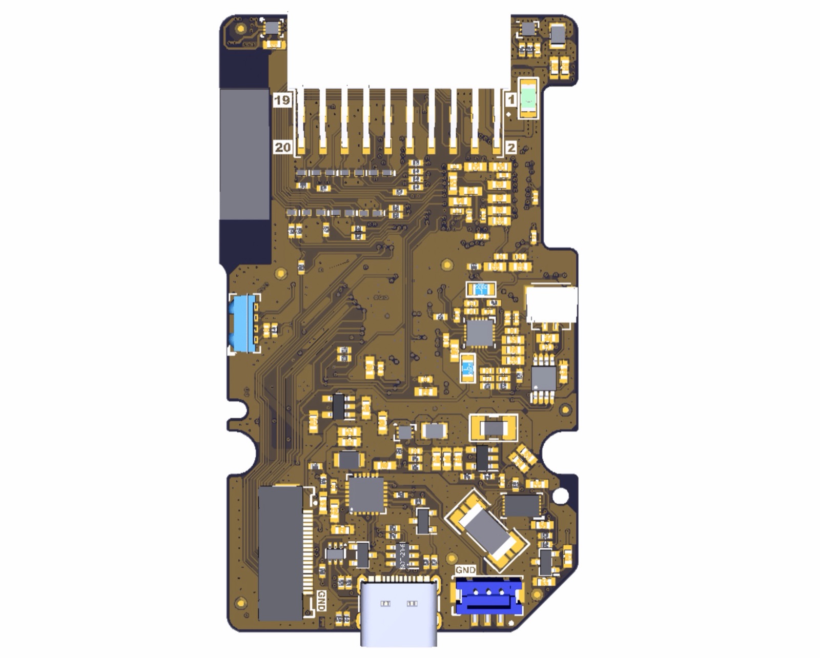 PCB layout render of the reverse side of the Kode Dot main board, with the USB-C port and the 20-pin top connector