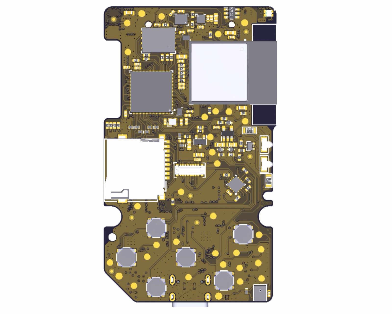 Final PCB layout render of the Kode Dot main board, component side, with the ESP32-P4 module, microSD slot and button pads
