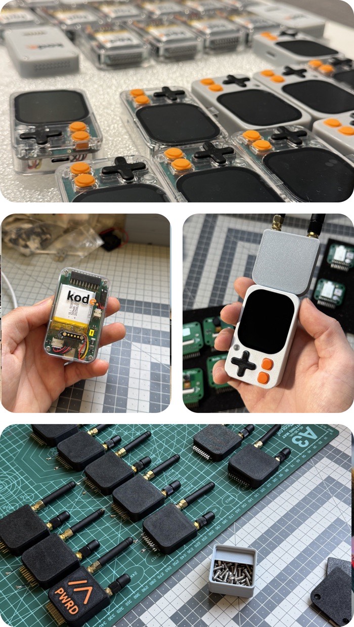 First Kode Dot working prototypes during the Kickstarter campaign: transparent units in rows, an open unit held in hand and antenna modules on the bench