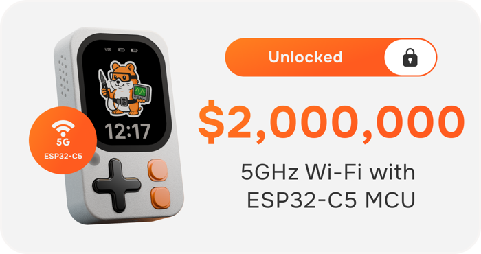 The $2,000,000 stretch goal card unlocked: 5 GHz Wi-Fi with the ESP32-C5 MCU in the base Kode Dot
