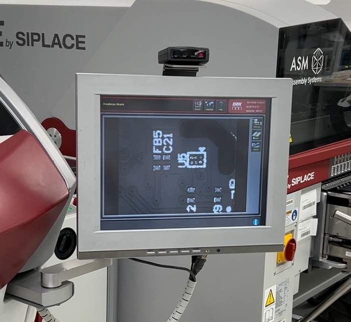 PCBA inspection screen on an SMT line during quality control at Draco Systems Barcelona