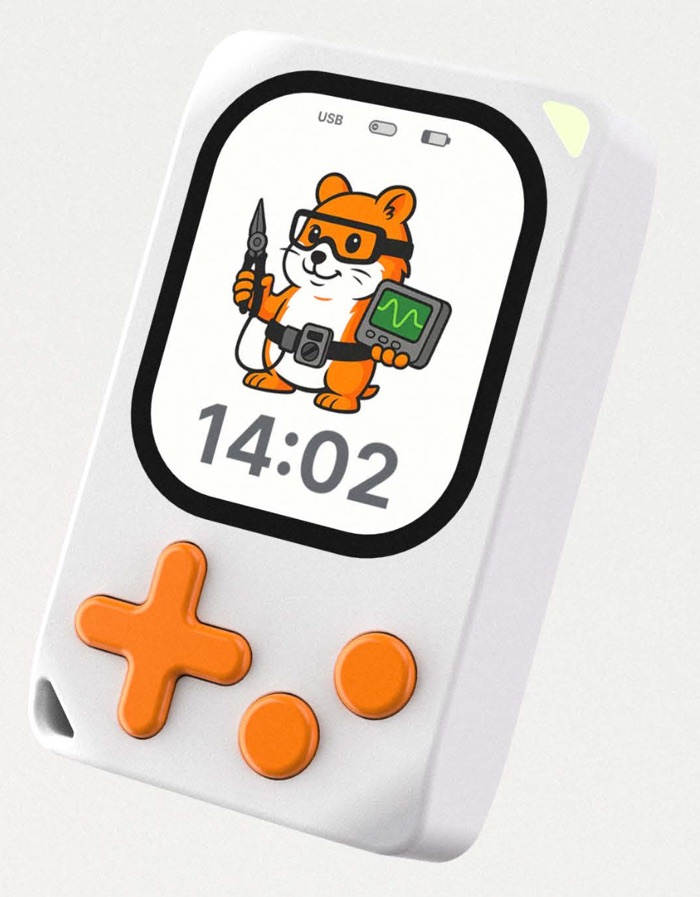 Render of the Kode Dot with Kody, the Kode mascot, on screen next to the clock