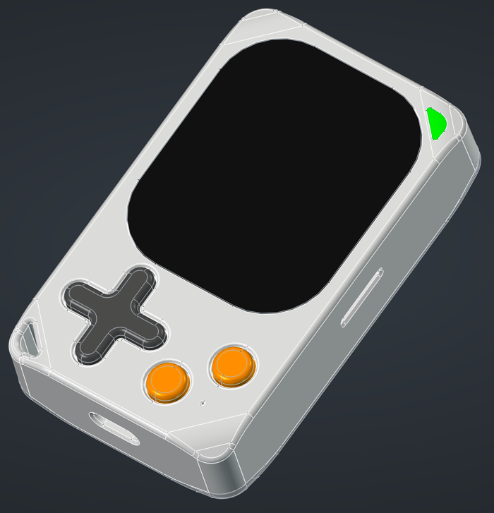 CAD view of the Kode Dot enclosure showing the screen cutout, D-pad and two action buttons