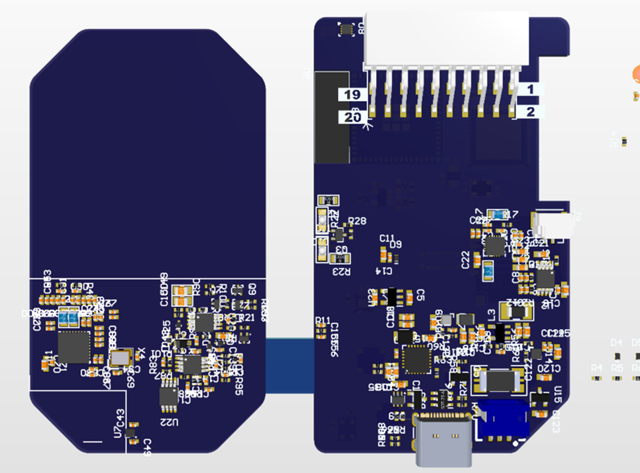 First iteration of the Kode Dot rigid-flex-rigid PCB layout: antenna PCB on the left, flex section, main PCB on the right