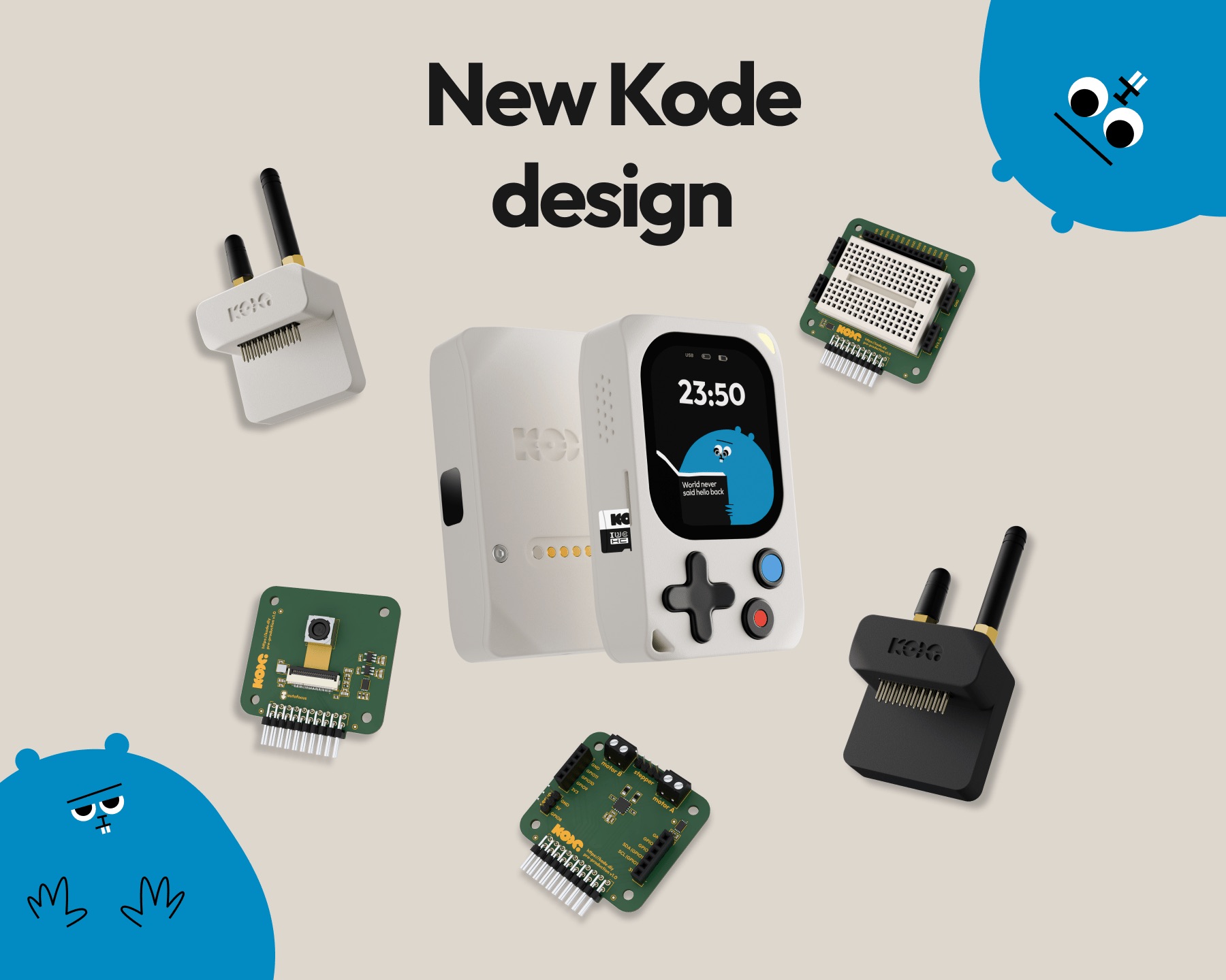 Final Kode Dot design in white with its snap-on modules around it and Kody the blue mascot on the screen